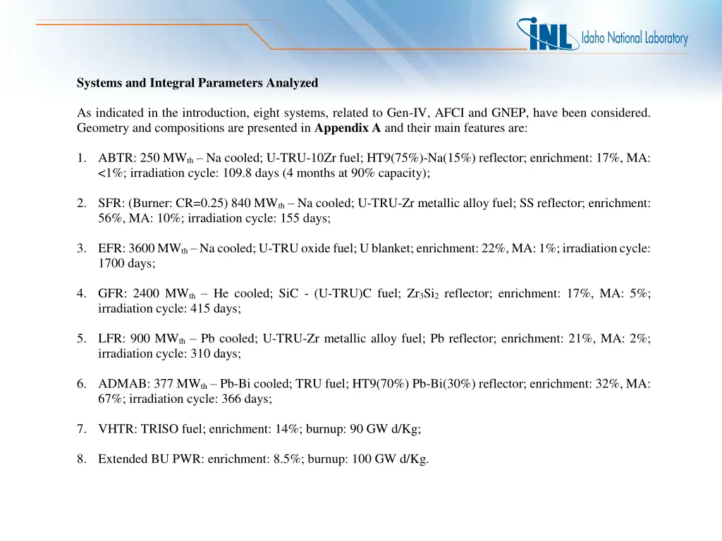 systems and integral parameters analyzed