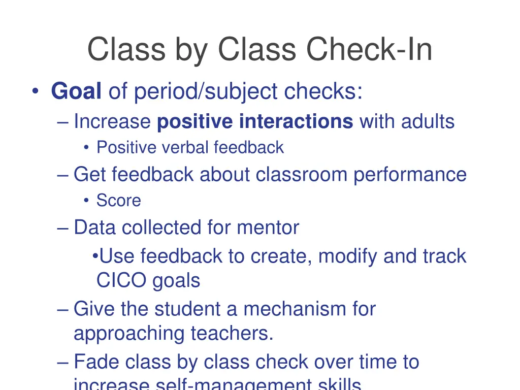 class by class check in goal of period subject