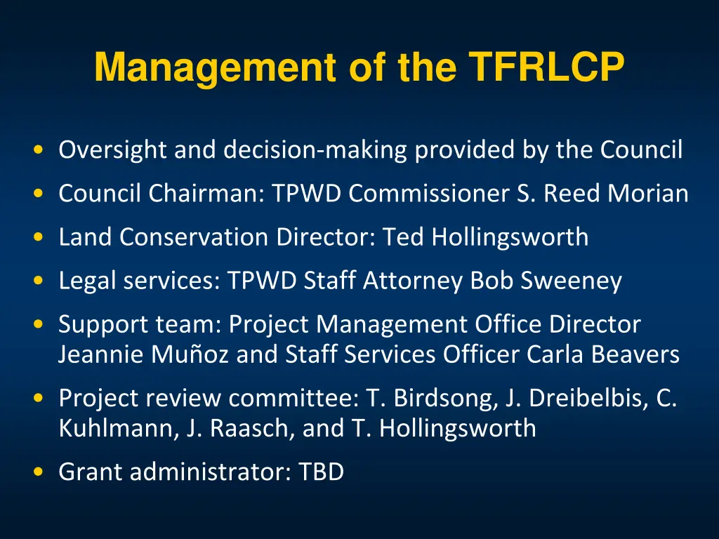 management of the tfrlcp