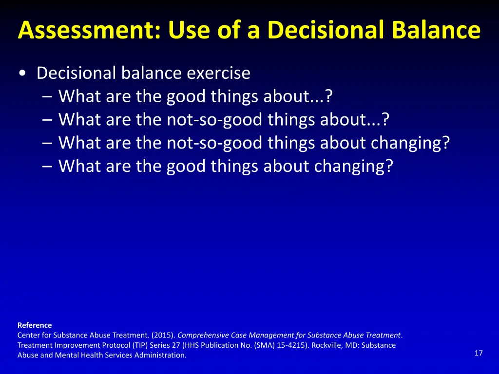 assessment use of a decisional balance