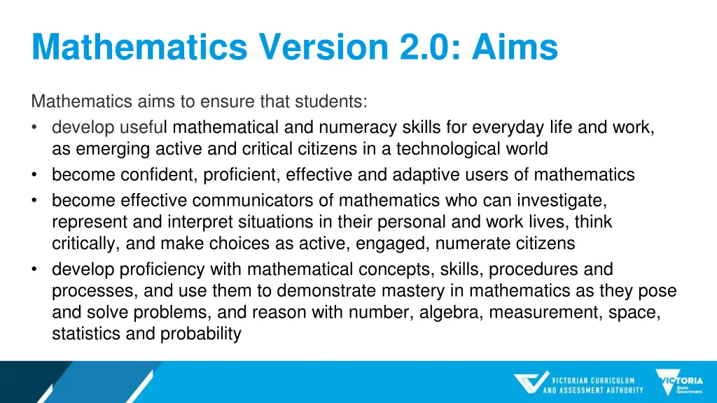mathematics version 2 0 aims
