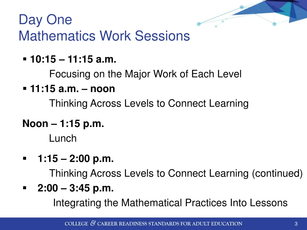 day one mathematics work sessions