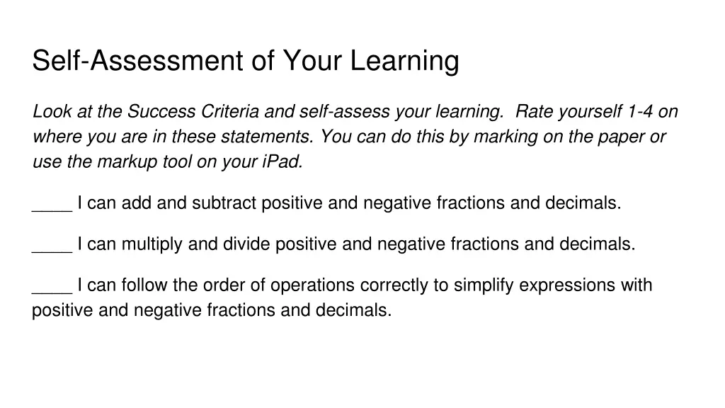 self assessment of your learning
