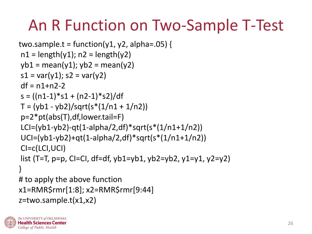 an r function on two sample t test