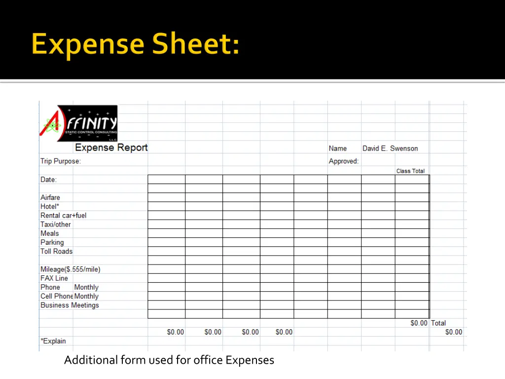 additional form used for office expenses