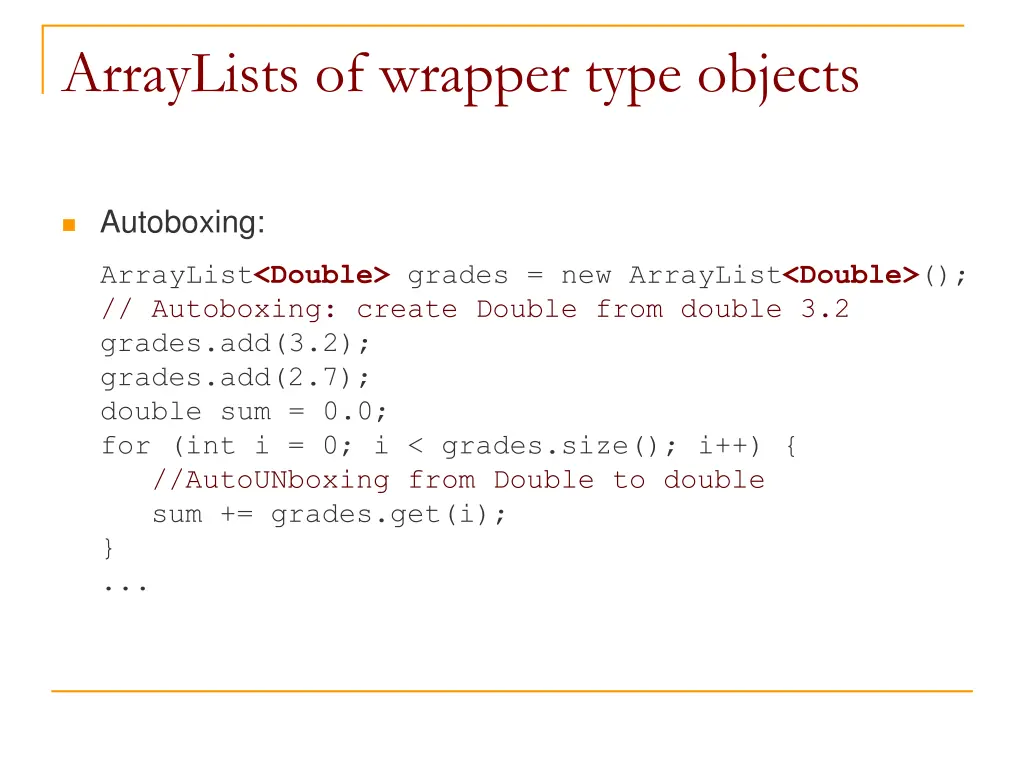 arraylists of wrapper type objects 1