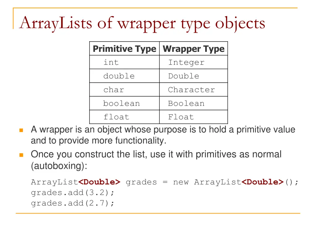 arraylists of wrapper type objects