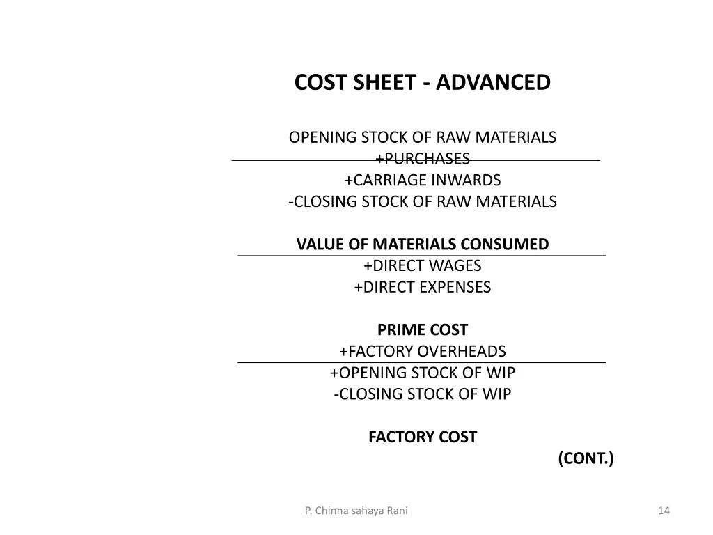 cost sheet advanced