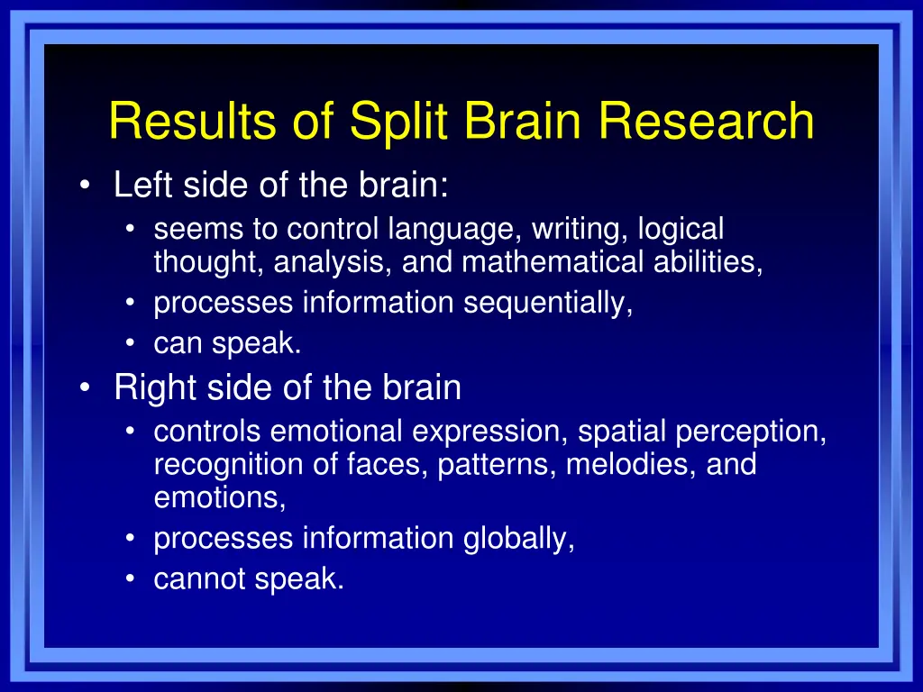 results of split brain research left side