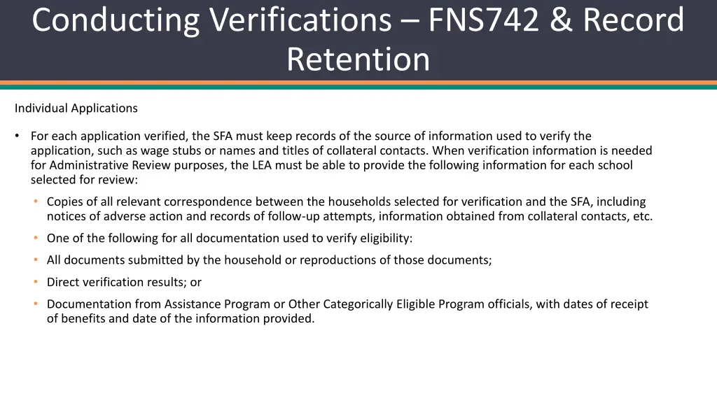 conducting verifications fns742 record retention 1