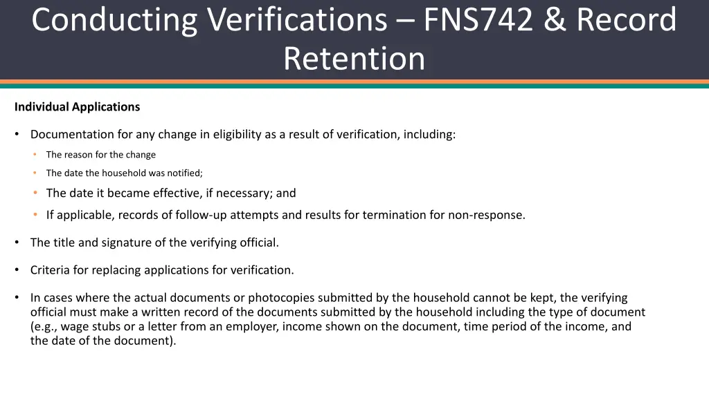 conducting verifications fns742 record retention 2