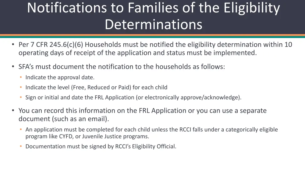 notifications to families of the eligibility 1