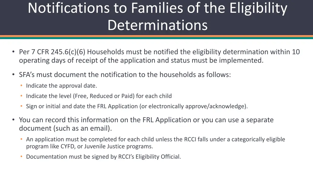notifications to families of the eligibility 2
