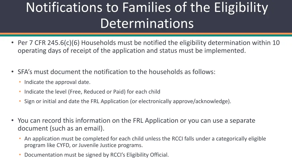 notifications to families of the eligibility 3