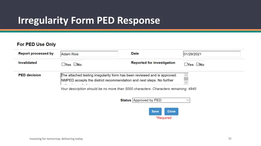 irregularity form ped response