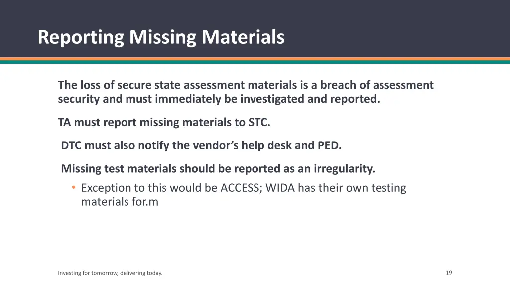 reporting missing materials