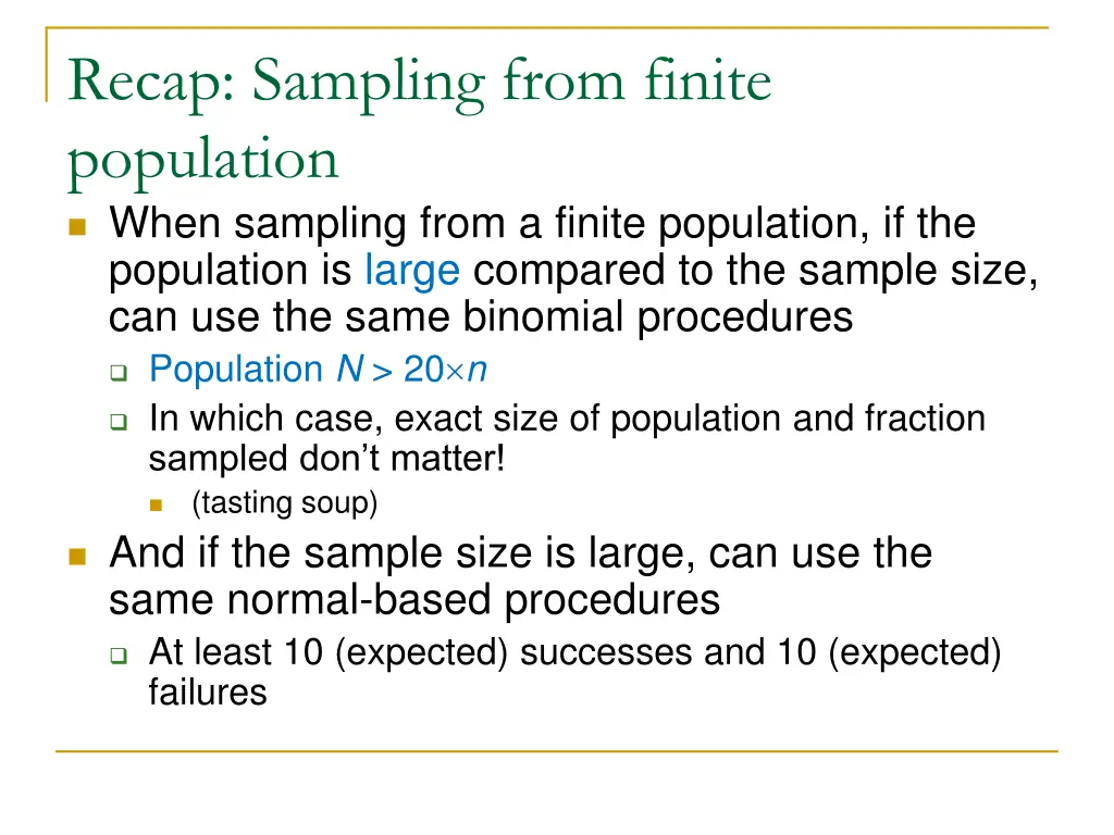 recap sampling from finite population when
