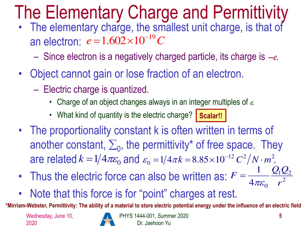 the elementary charge and permittivity