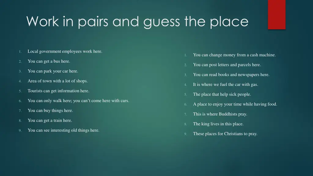 work in pairs and guess the place