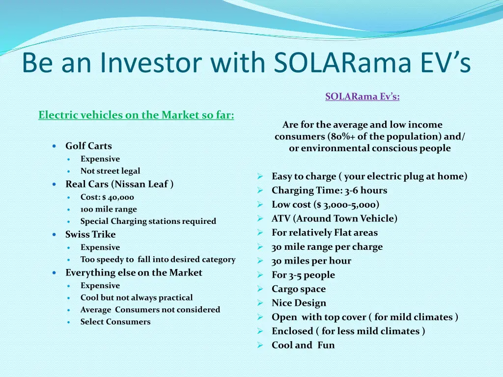 be an investor with solarama ev s