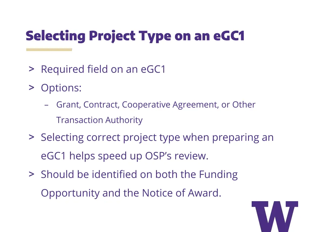selecting project type on an egc1