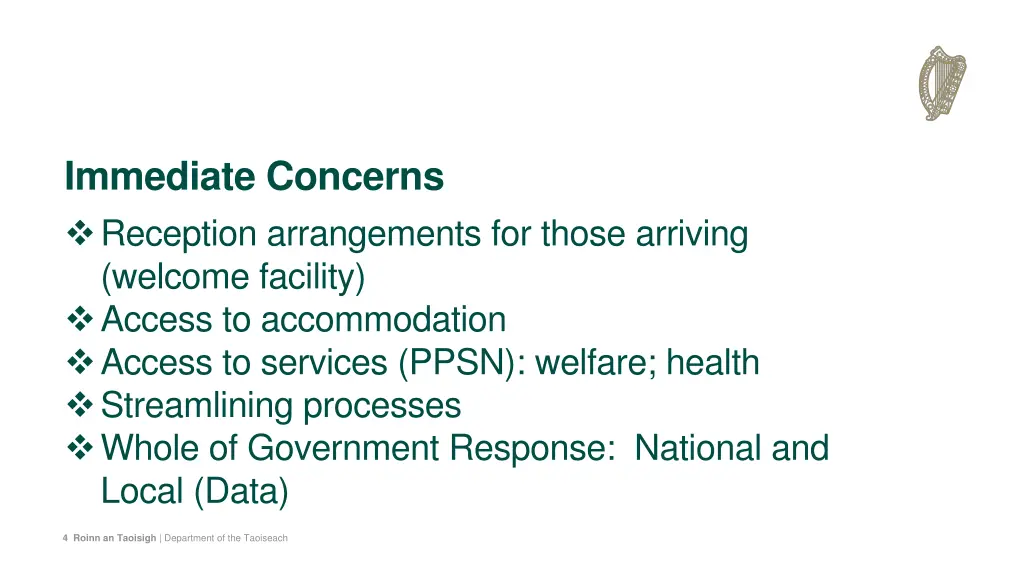 immediate concerns reception arrangements