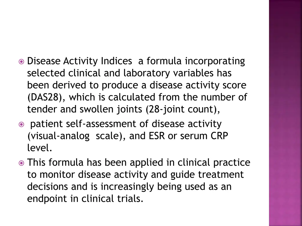 disease activity indices a formula incorporating