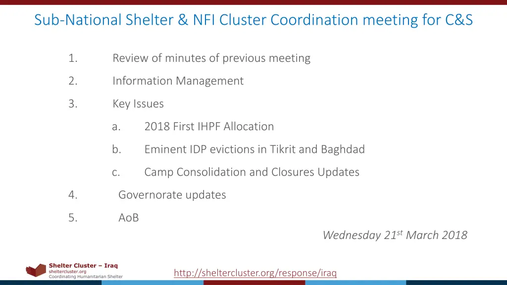 sub national shelter nfi cluster coordination