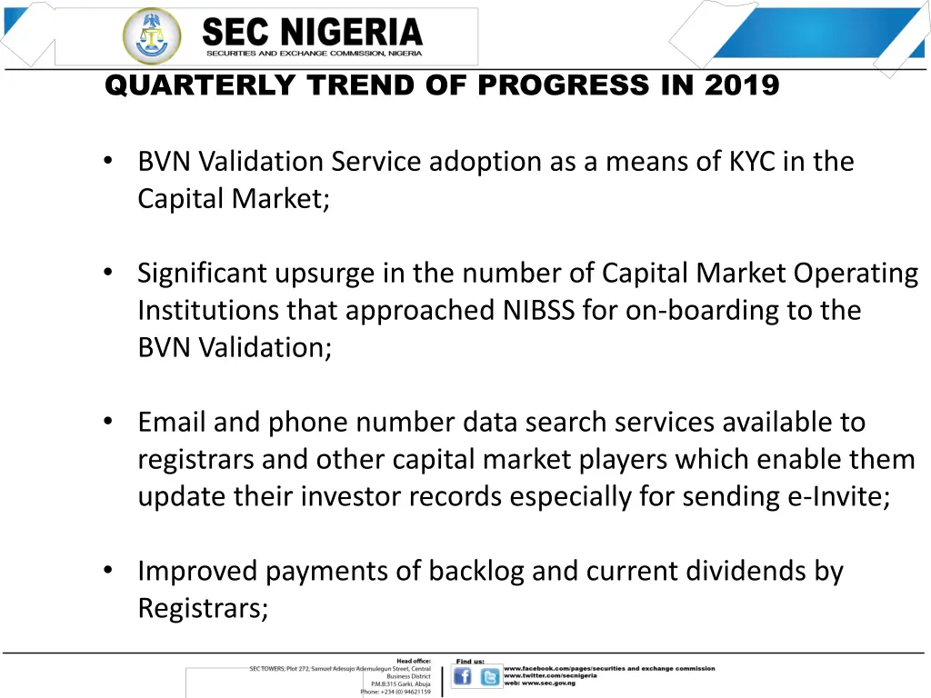 quarterly trend of progress in 2019
