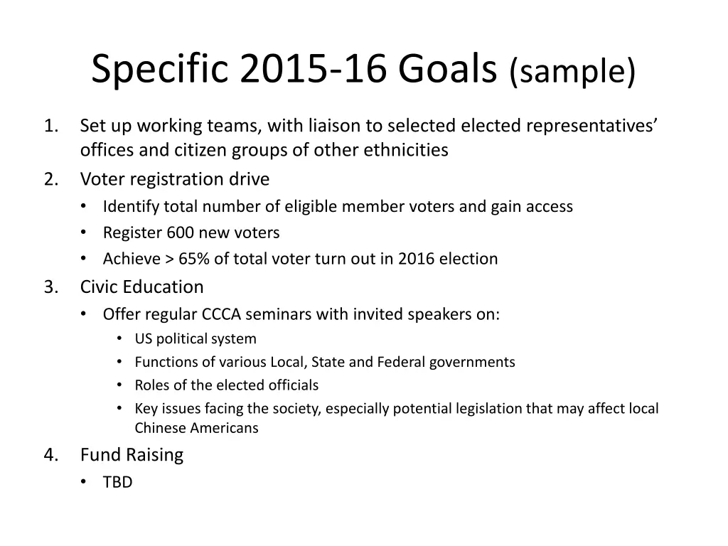 specific 2015 16 goals sample