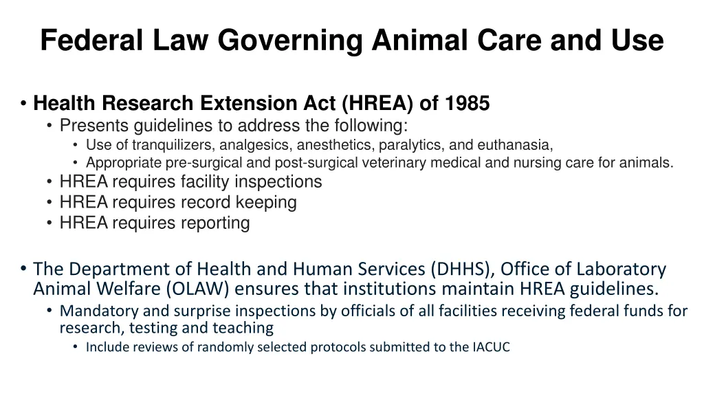 federal law governing animal care and use 1