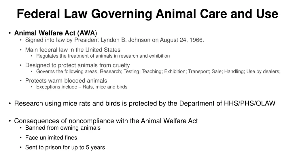 federal law governing animal care and use
