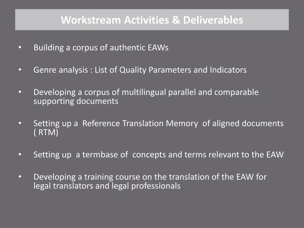 workstream activities deliverables