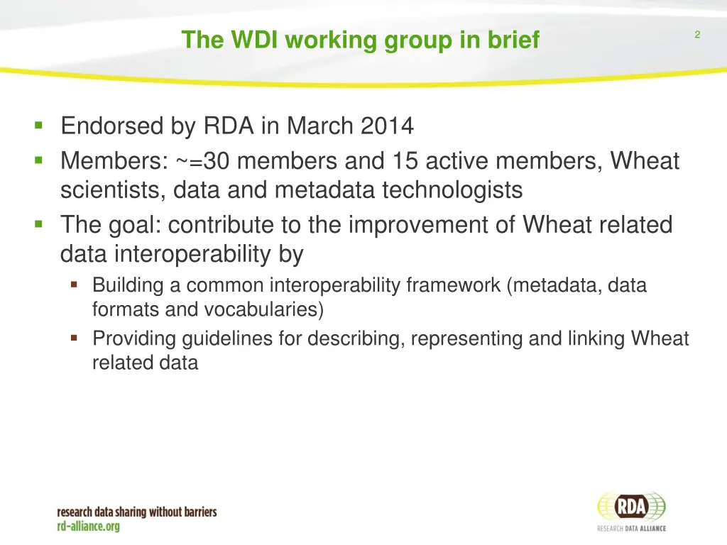 the wdi working group in brief