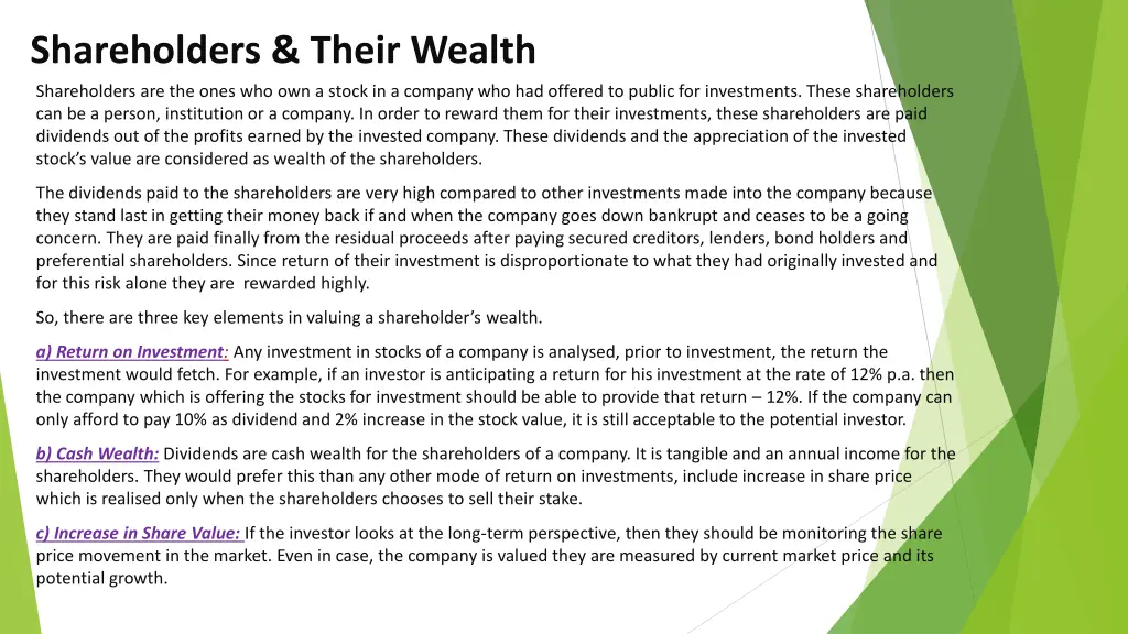shareholders their wealth shareholders
