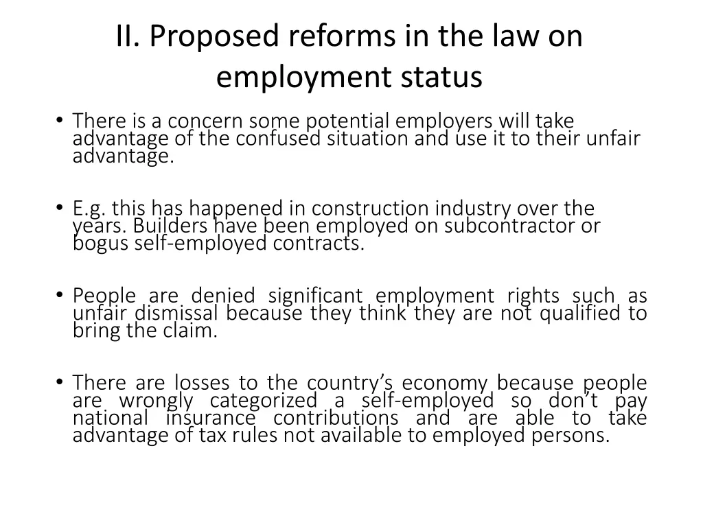 ii proposed reforms in the law on employment