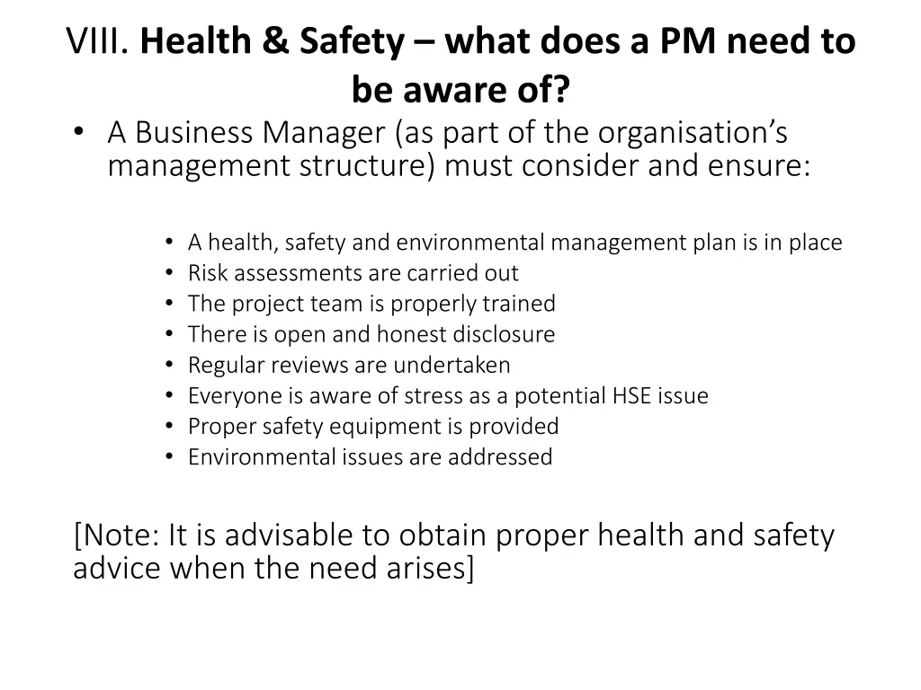 viii health safety what does a pm need