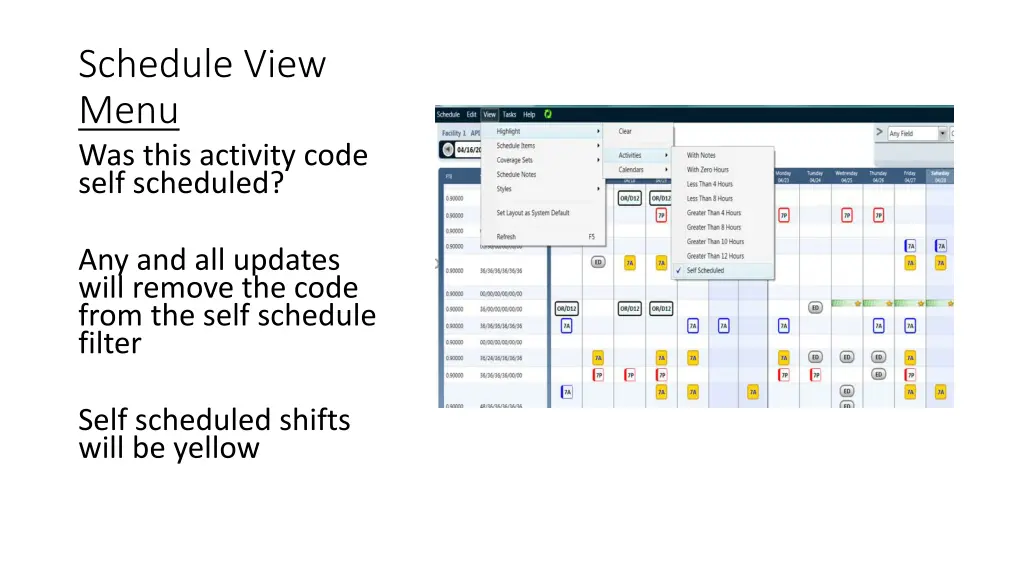 schedule view menu was this activity code self