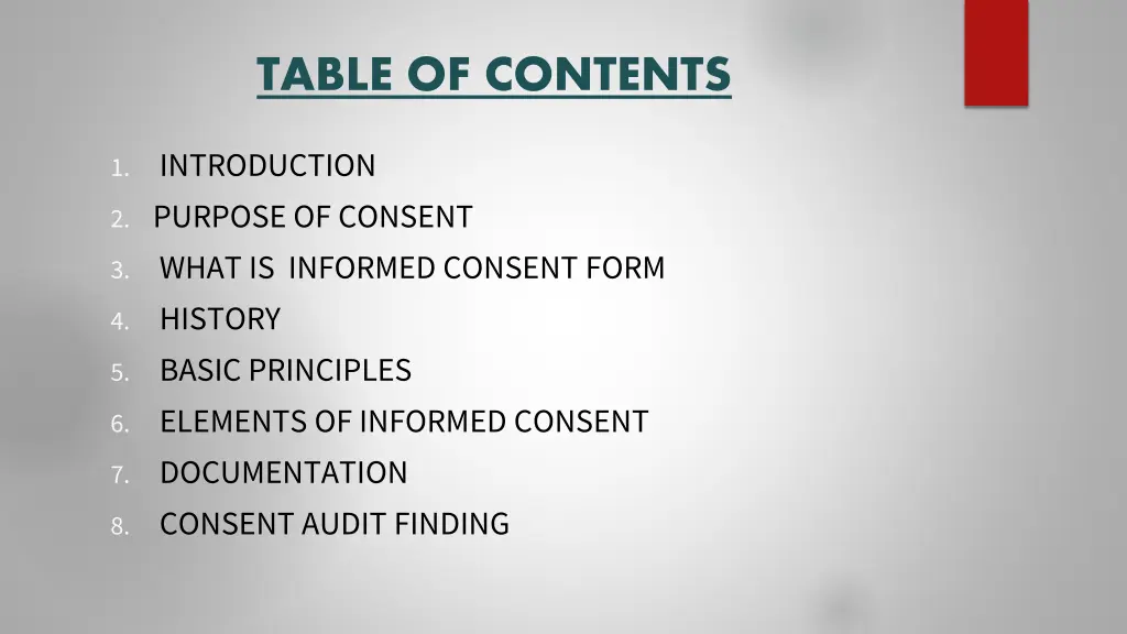 table of contents