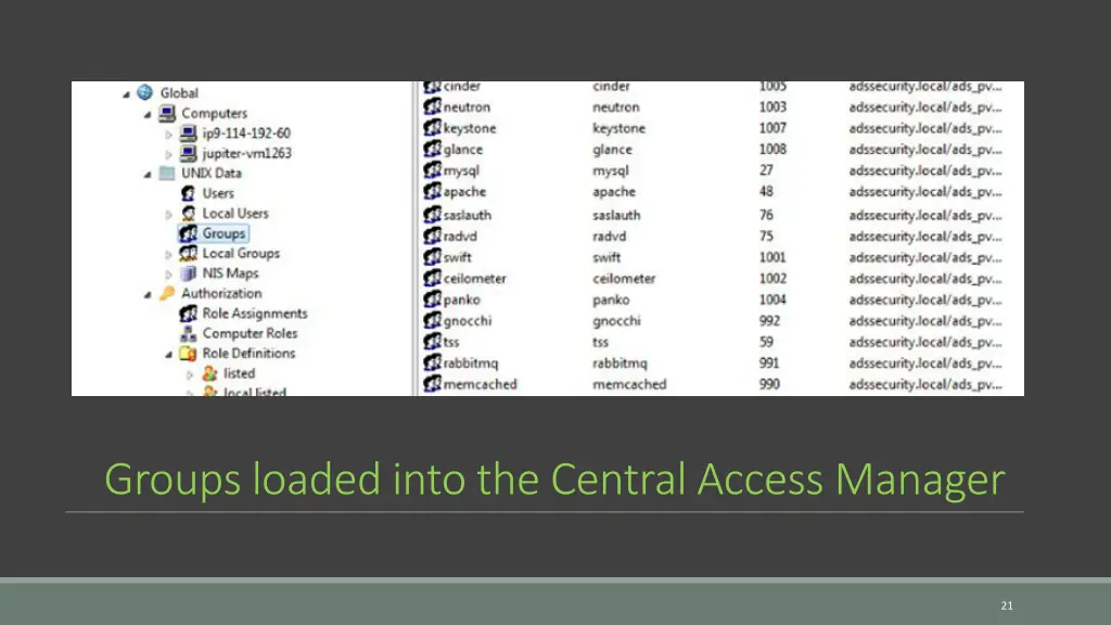 groups loaded into the central access manager