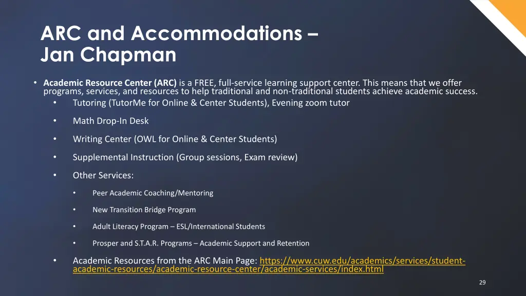 arc and accommodations jan chapman
