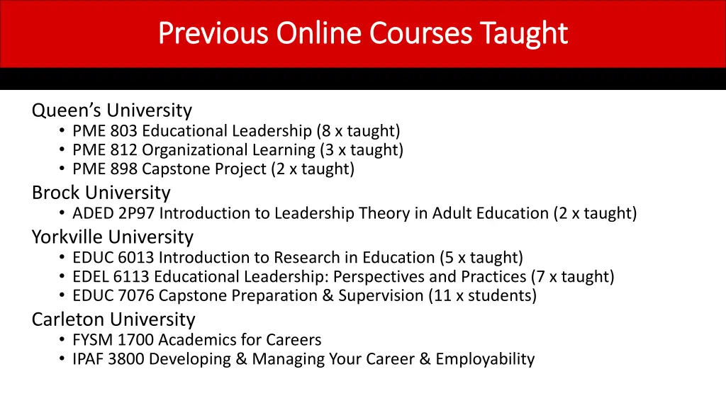 previous online courses taught previous online