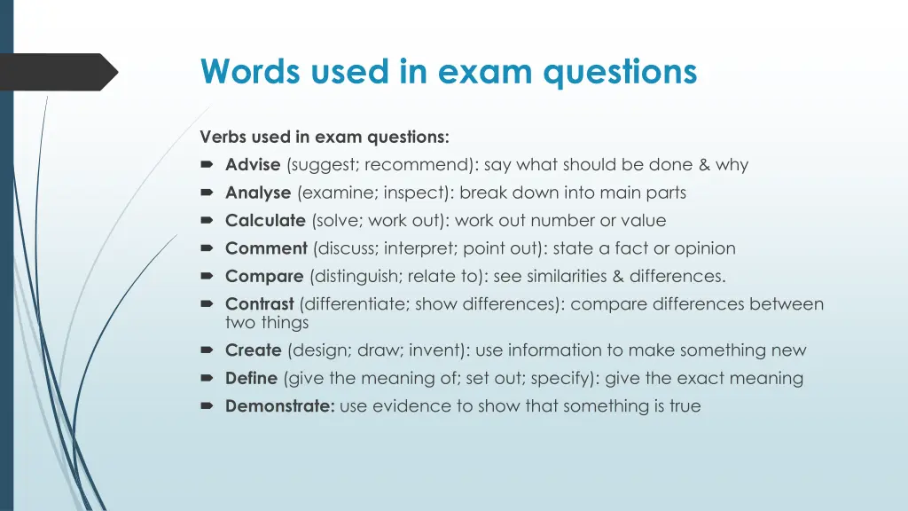 words used in exam questions