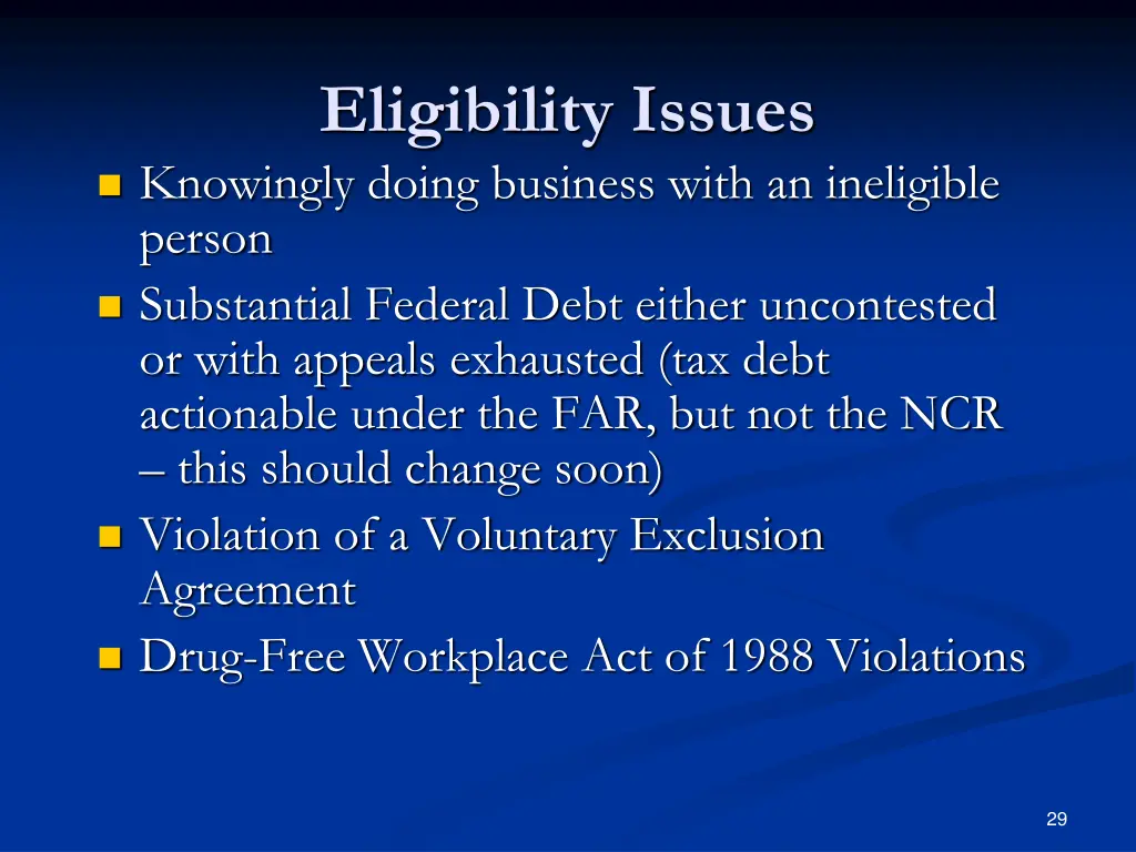 eligibility issues knowingly doing business with