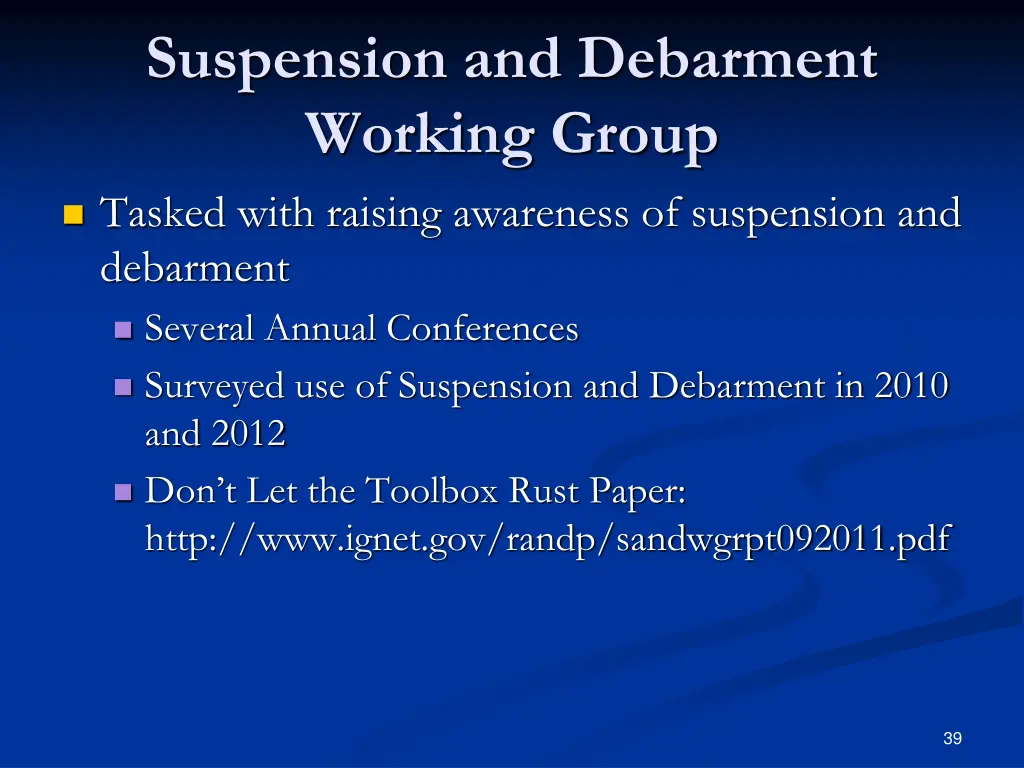 suspension and debarment working group