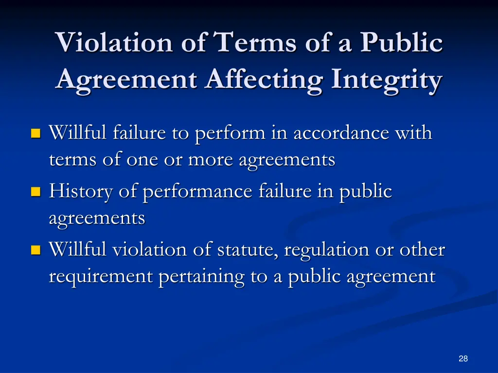 violation of terms of a public agreement