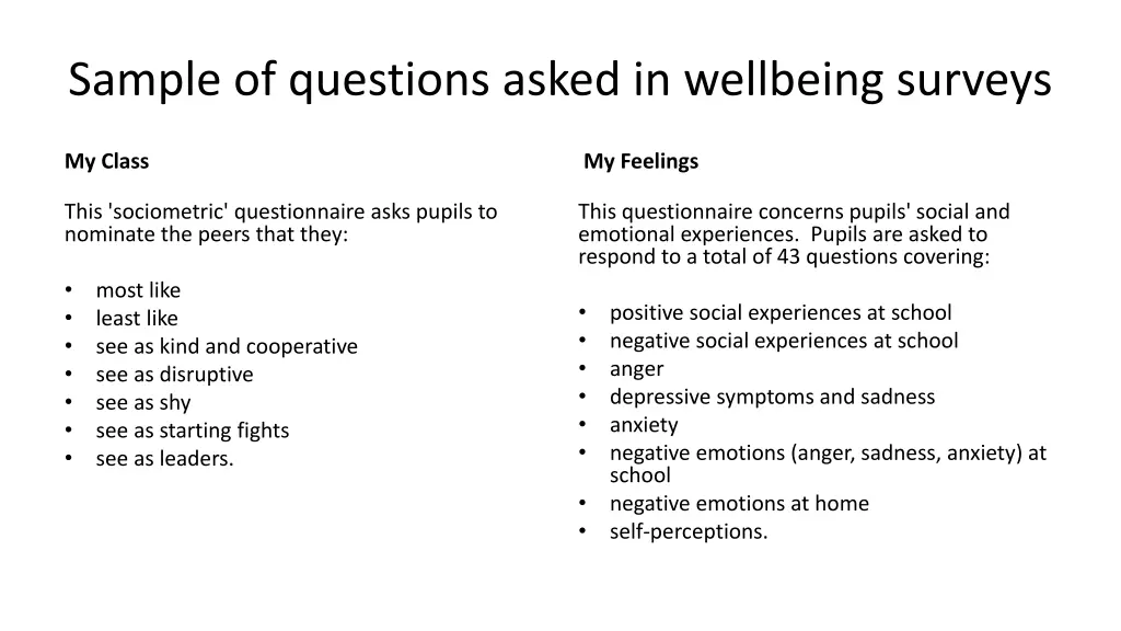 sample of questions asked in wellbeing surveys