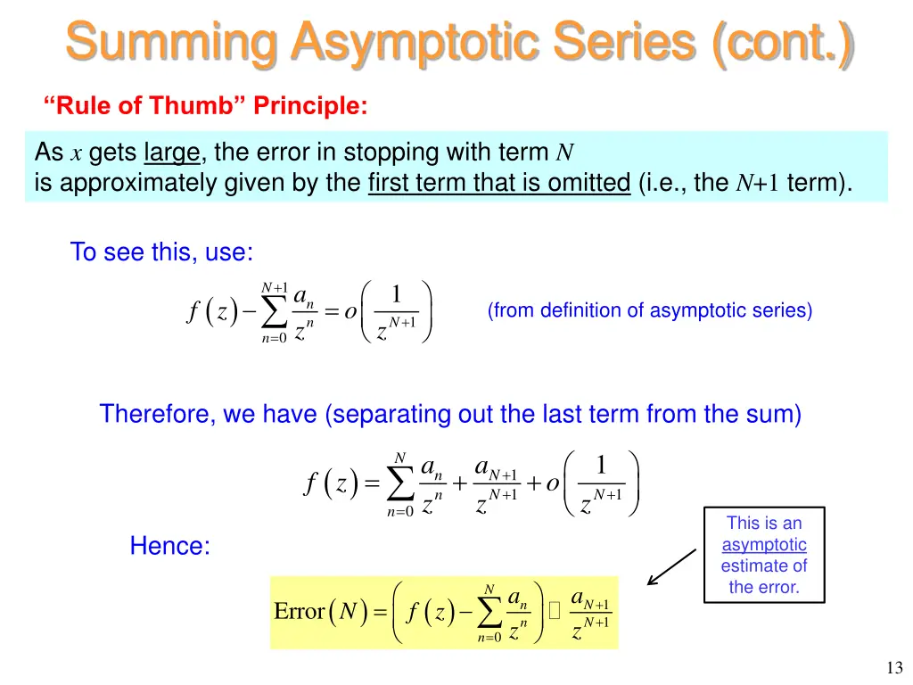 summing asymptotic series cont