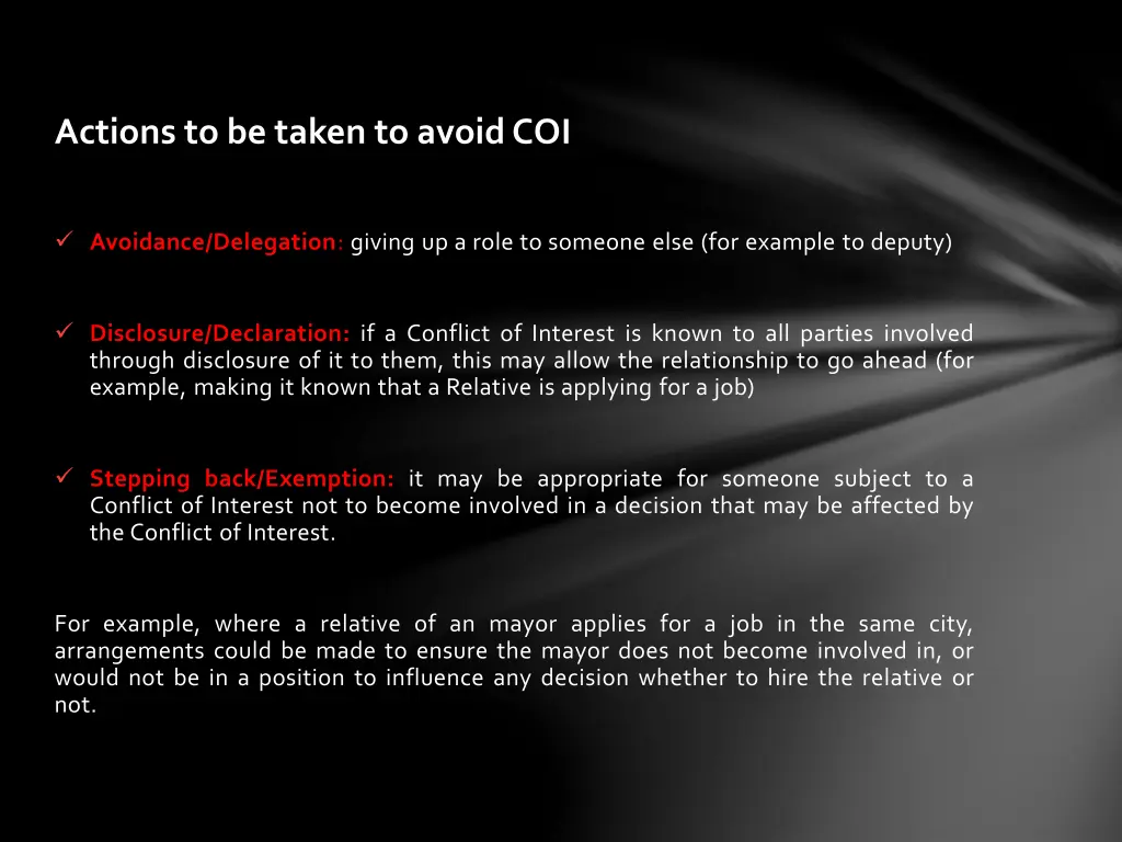 actions to be taken to avoid coi