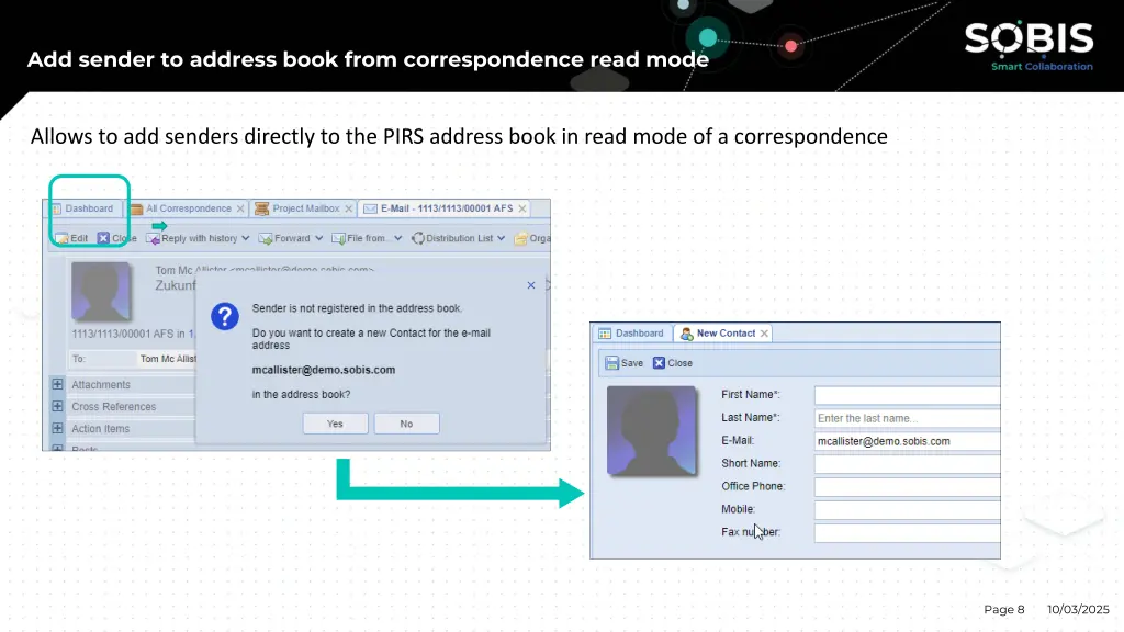 add sender to address book from correspondence